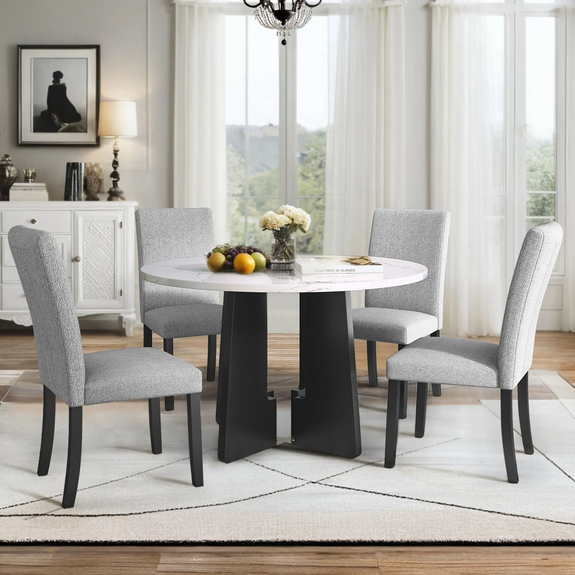 5 Piece Round Dining Table Set, Dining Table And 4 Upholstered Chairs For Dining Room, Kitchen Room, Living Room - White / Gray by Couch.com