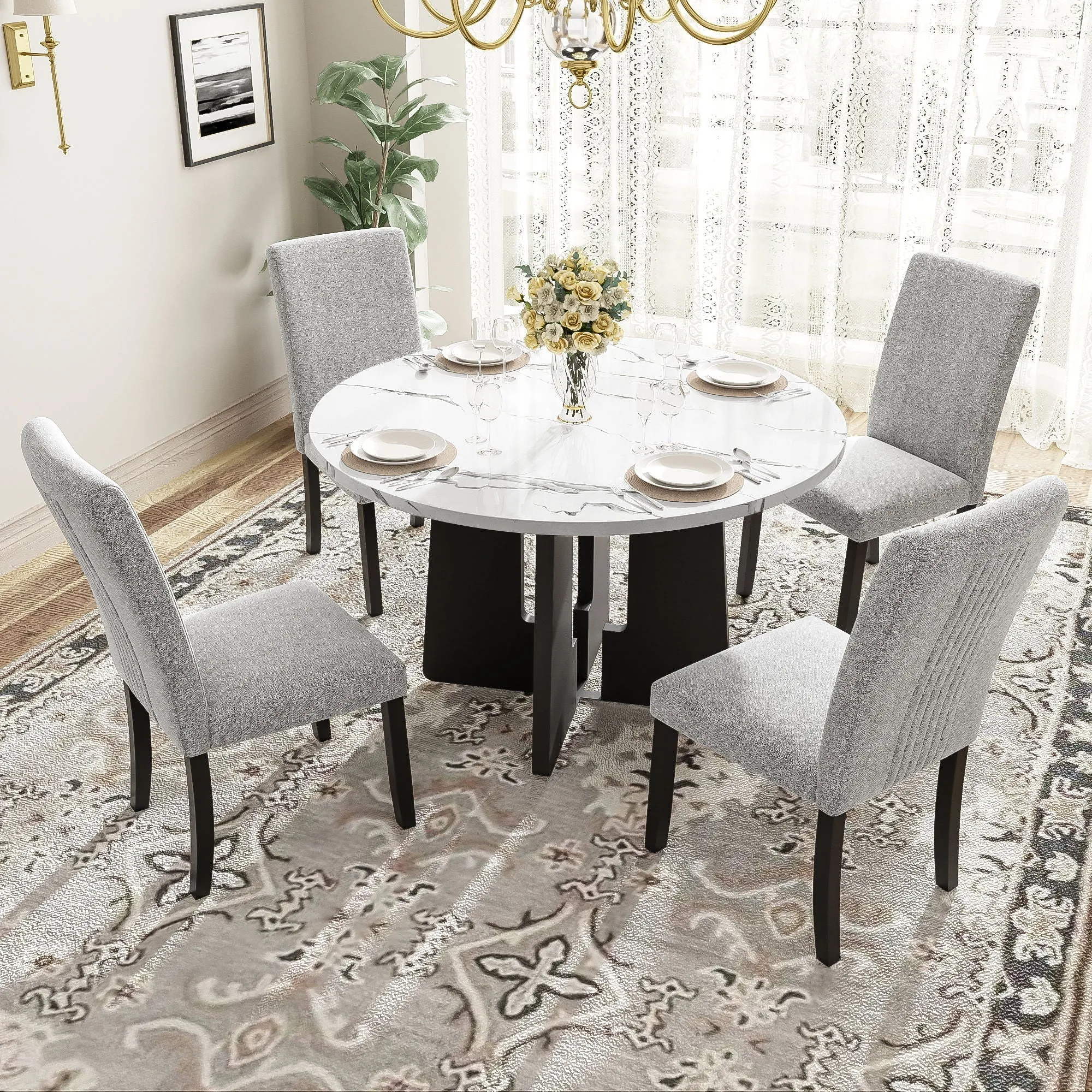 5 Piece Round Dining Table Set, Dining Table And 4 Upholstered Chairs For Dining Room, Kitchen Room, Living Room - White / Gray by Couch.com
