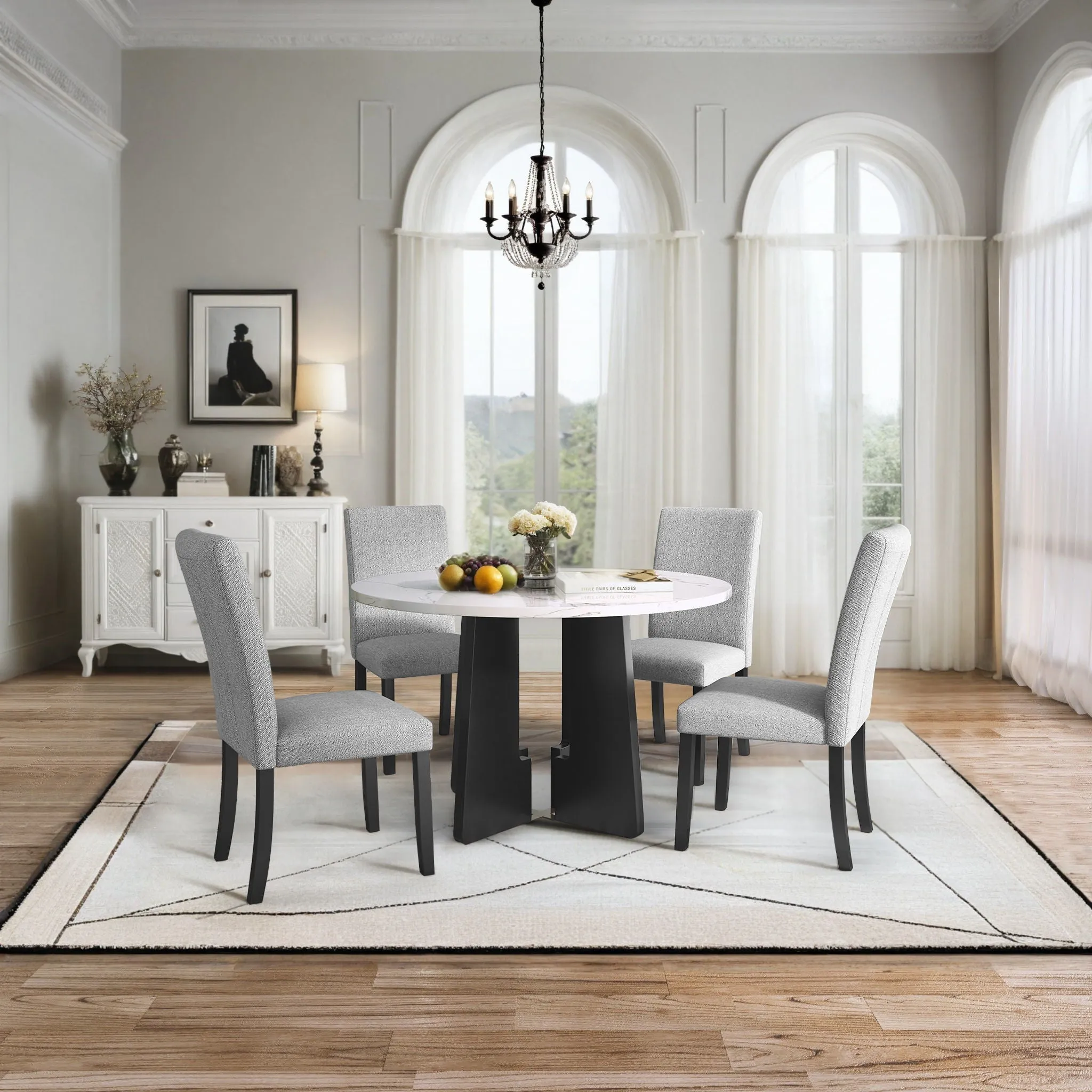 5 Piece Round Dining Table Set, Dining Table And 4 Upholstered Chairs For Dining Room, Kitchen Room, Living Room - White / Gray by Couch.com