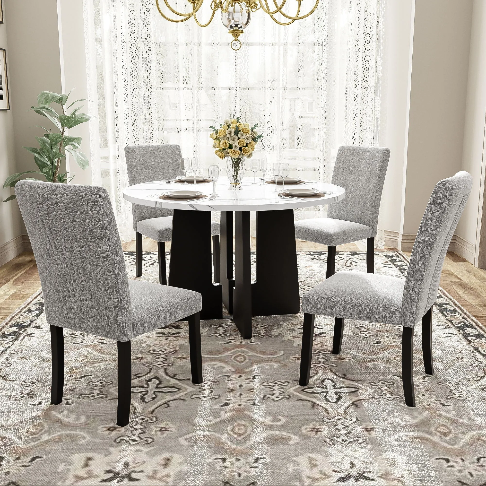 5 Piece Round Dining Table Set, Dining Table And 4 Upholstered Chairs For Dining Room, Kitchen Room, Living Room - White / Gray by Couch.com
