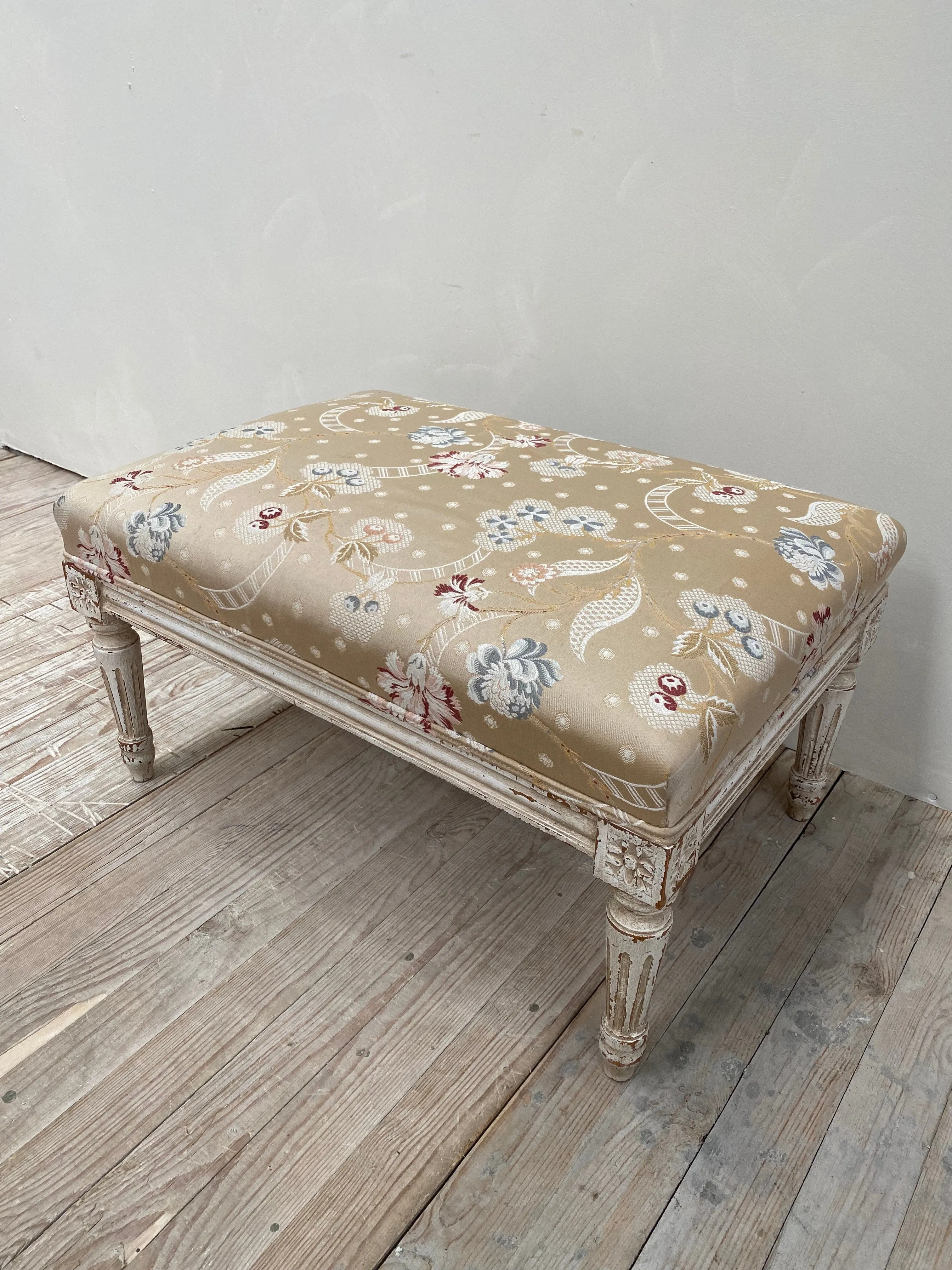 Antique French Painted Louis XVI Silk Upholstered Footstool