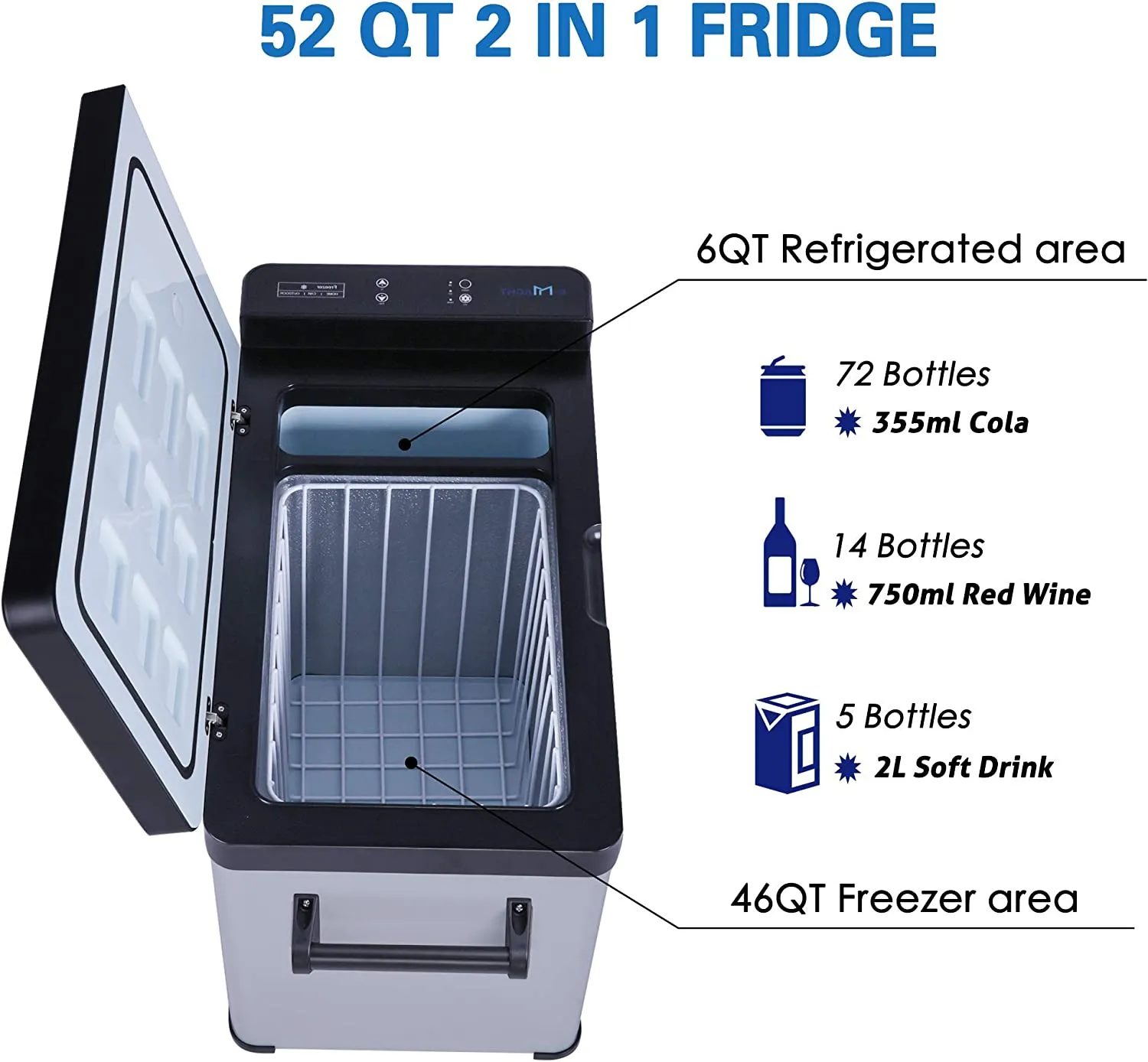E-Macht Car Refrigerator 52 Quart 12V/24V DC Portable Refrigerator Freezer Electric Cooler -7.6℉ - 68℉ for RV