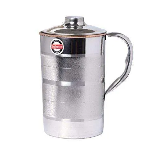 Embassy Water Pitcher / Jug, Copper Interior and Stainless Steel Exterior, 1-Piece, Size 6, 1800 ml